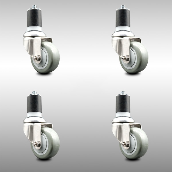 3 Inch 316SS Gray Polyurethane Swivel 1-7/8 Inch Expanding Stem Caster Set SCC